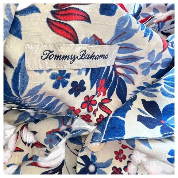 Tommy Bahama Shirt Mens XL 100% Silk Camp Hawaiian Floral Ref Blue White Button - Picture 6 of 9